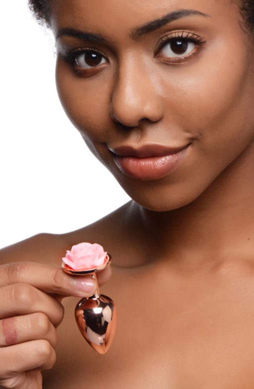 Rose Gold Anal Plug with Pink Flower - Small - Image 2