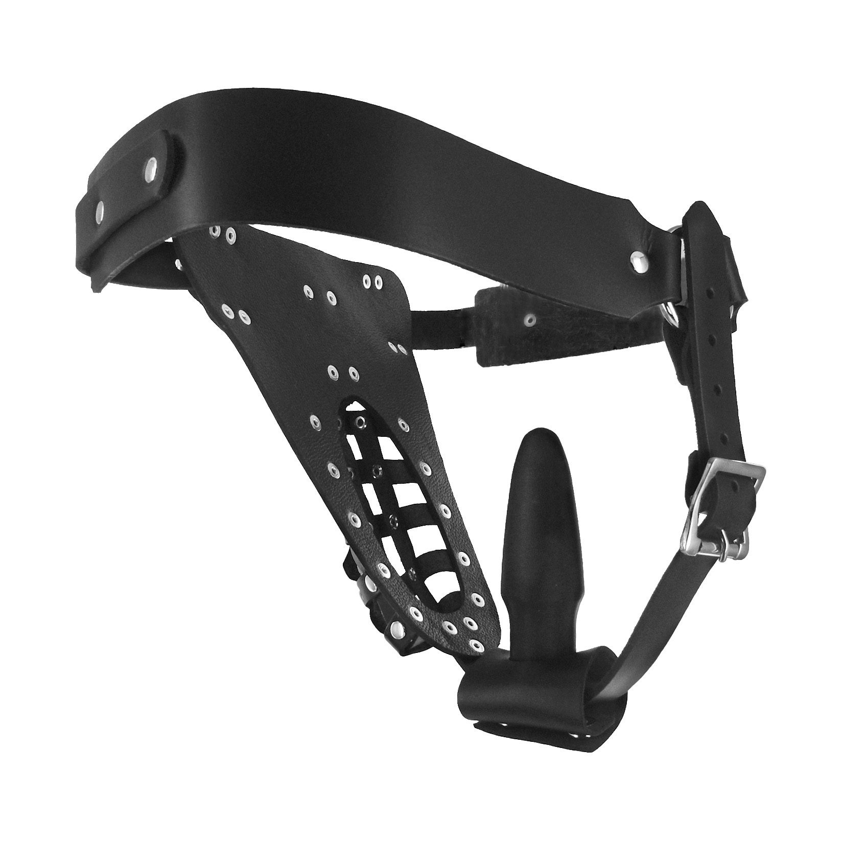 The Safety Net Leather Male Chastity Belt with Anal Plug Harness - Image 4
