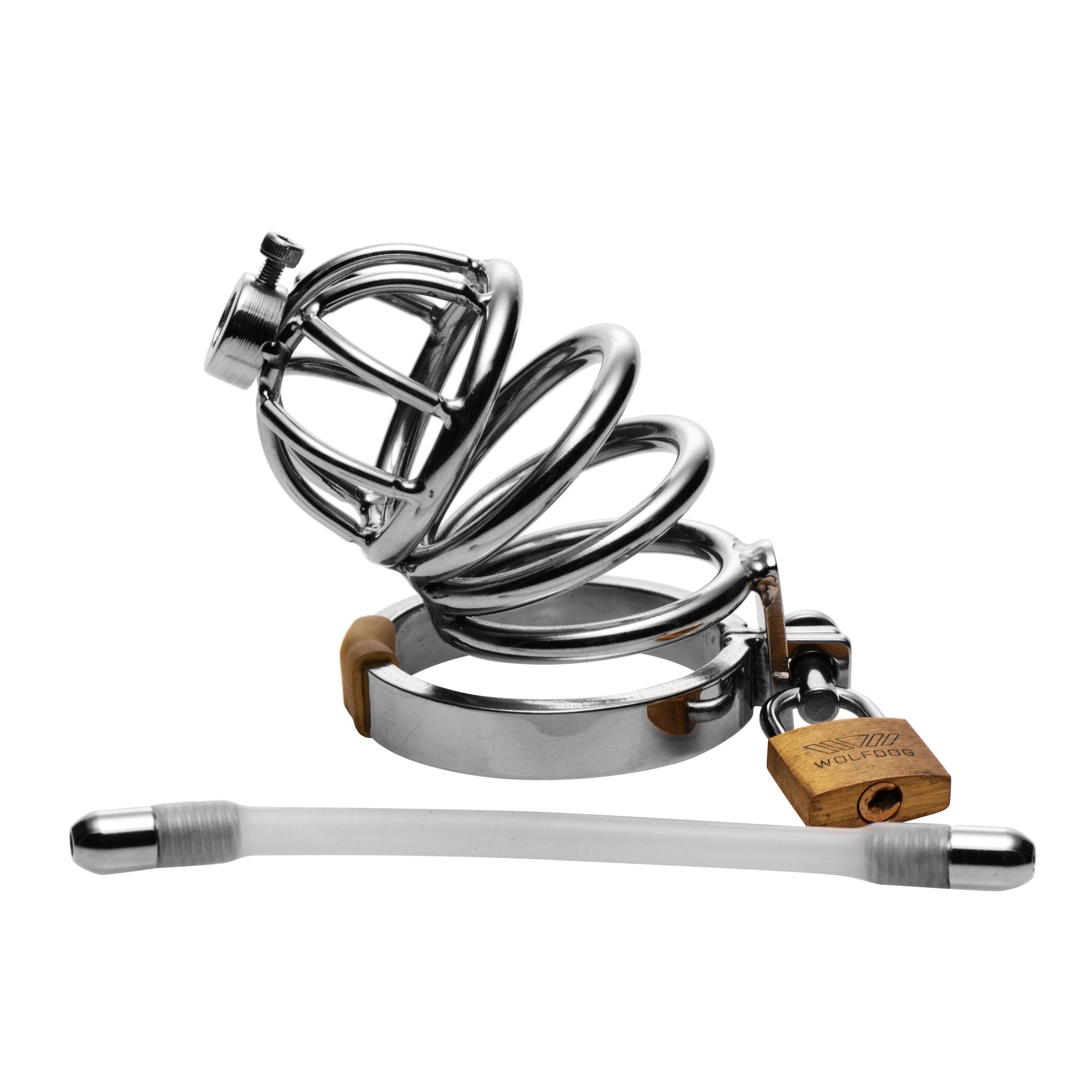Stainless Steel Chastity Cage with Silicone Urethral Plug - Image 2